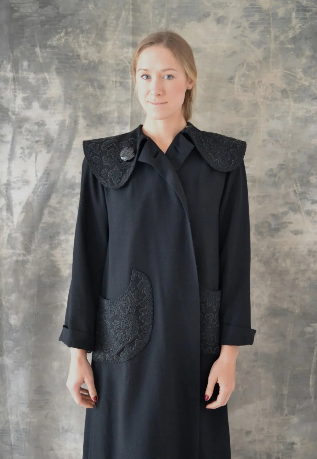 1940s Black Wool Swing Coat