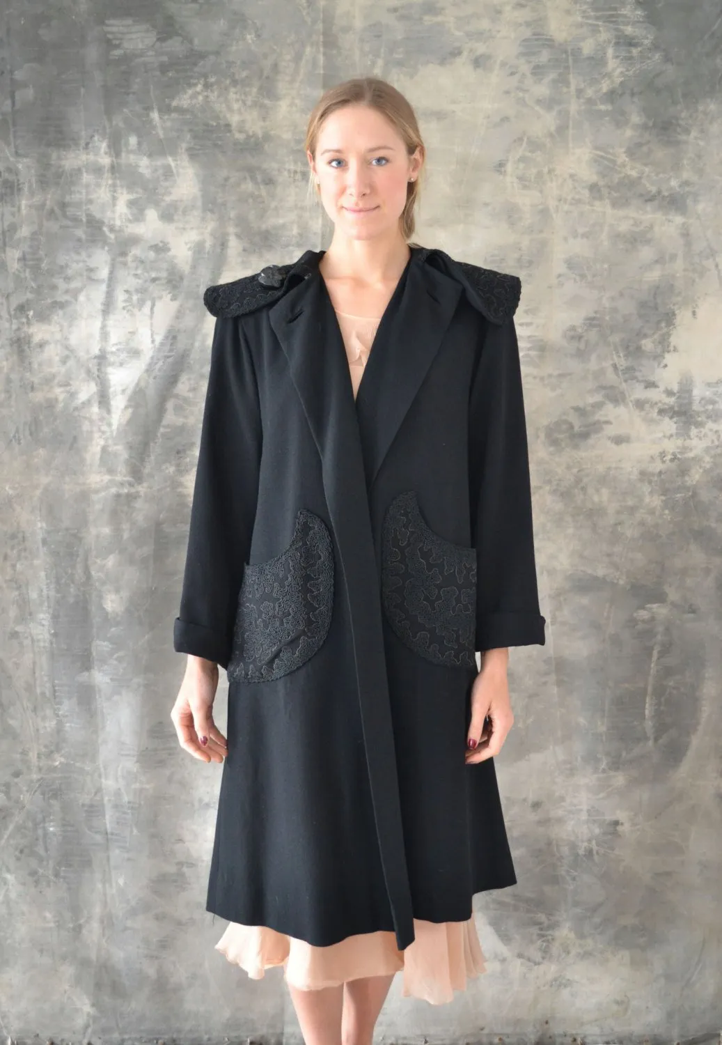 1940s Black Wool Swing Coat