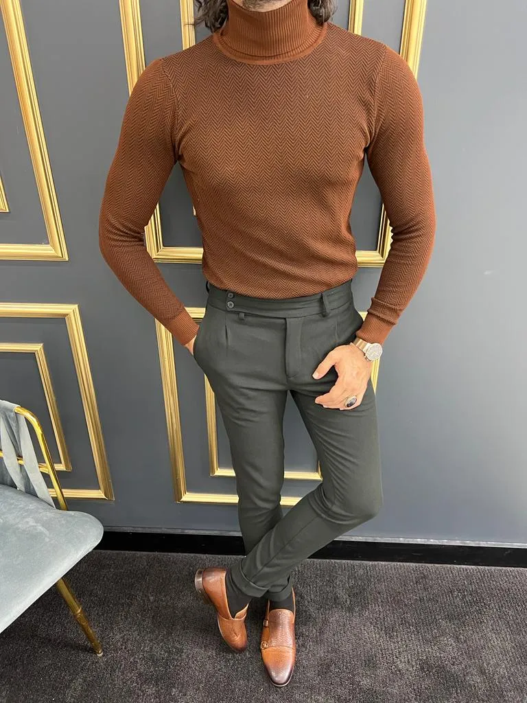 Amber Rust Brown Slim Fit Striped Turtleneck Sweater