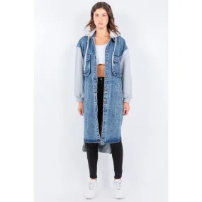 American Bazi Contrast Longline Hooded Denim Jacket