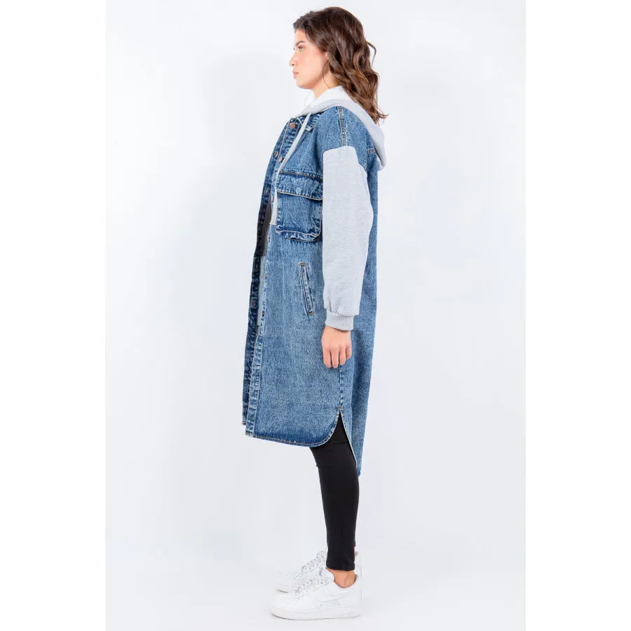 American Bazi Contrast Longline Hooded Denim Jacket