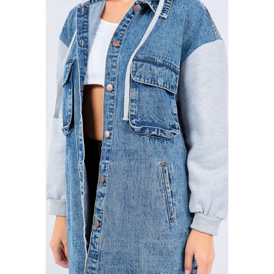 American Bazi Contrast Longline Hooded Denim Jacket