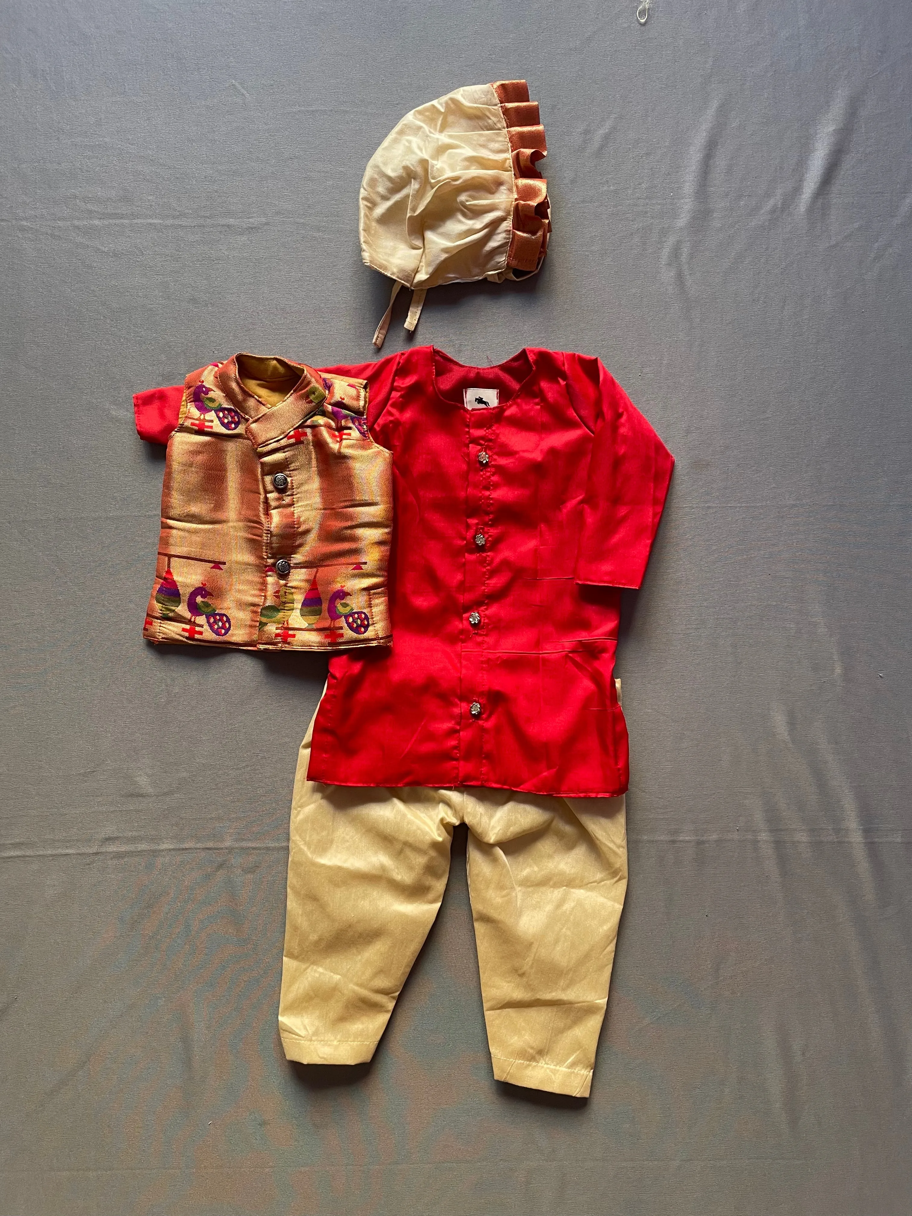 Baby boy set- premium paithani kurta pant with jacket (red) with cream topra