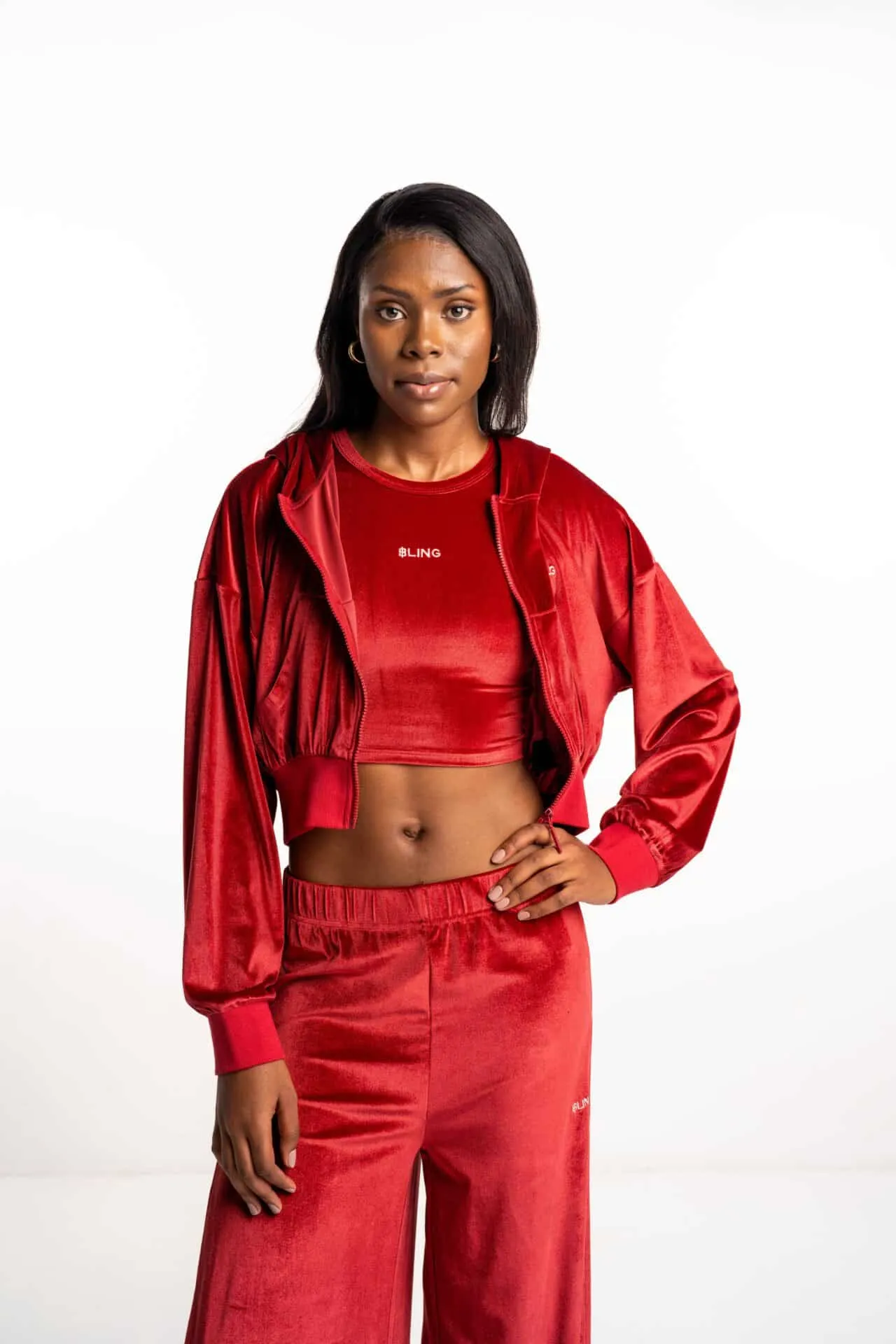 BLING Ladies Velour Cropped Zip Up Hoodie Burgundy BLWM-KH02