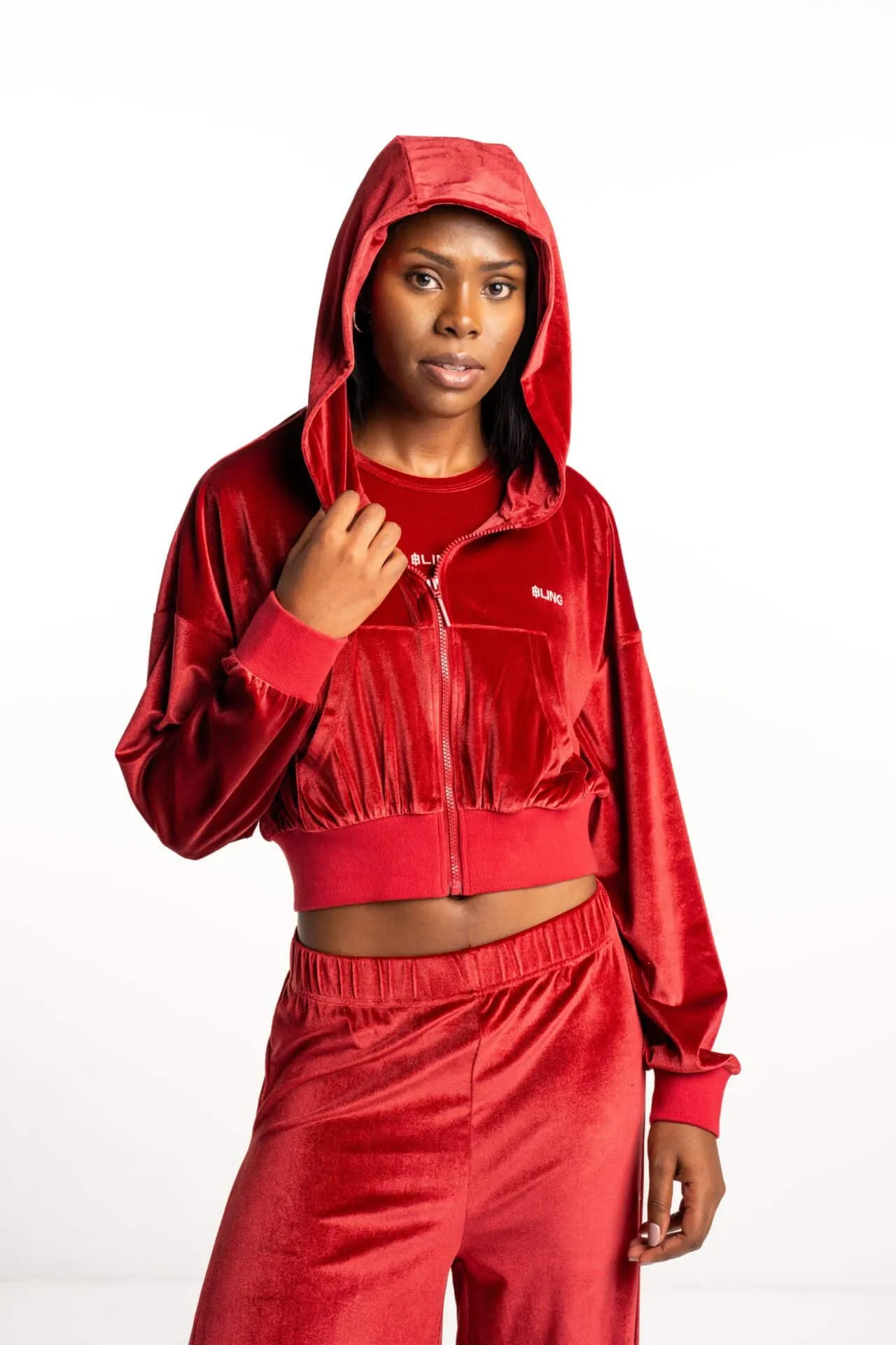 BLING Ladies Velour Cropped Zip Up Hoodie Burgundy BLWM-KH02