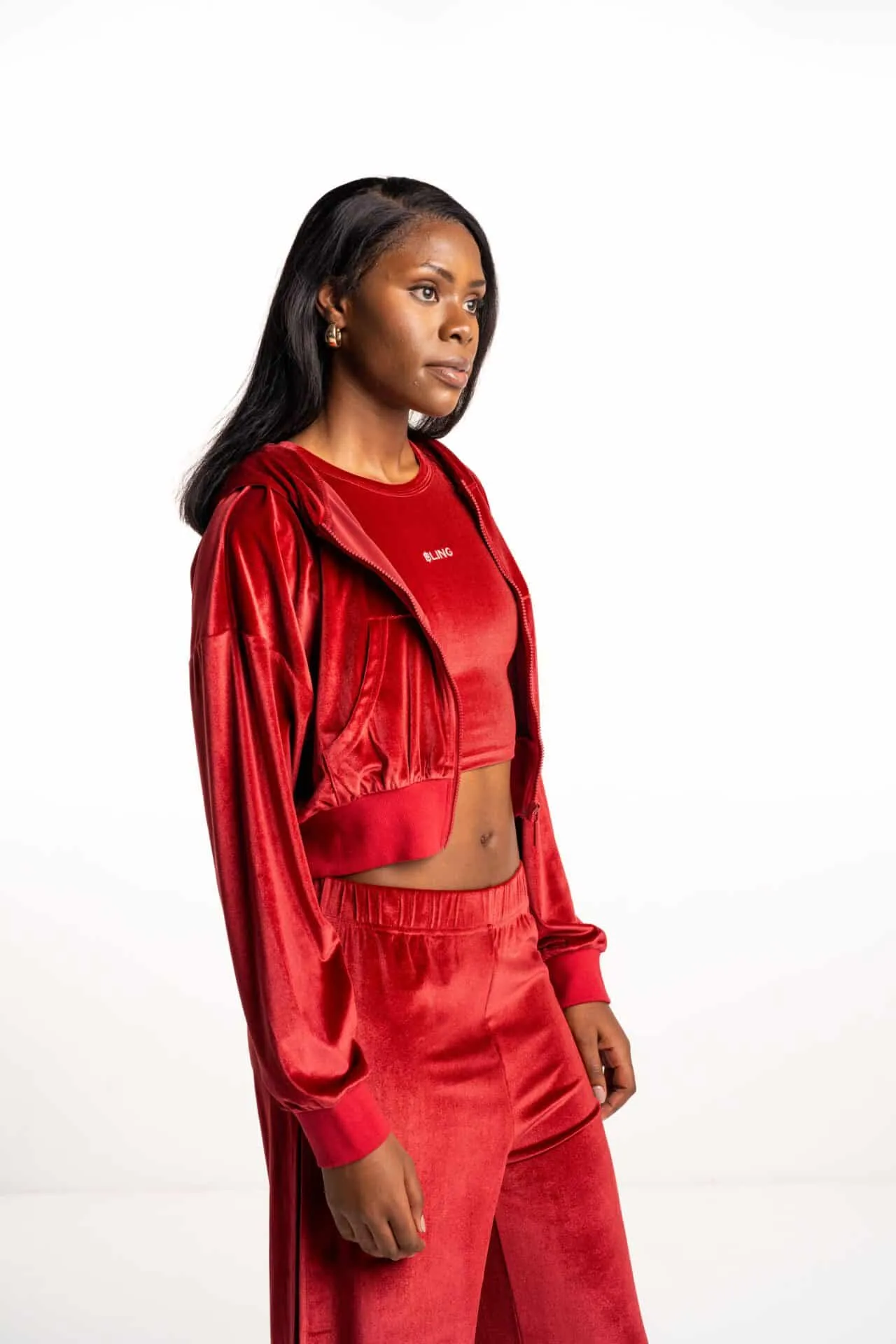 BLING Ladies Velour Cropped Zip Up Hoodie Burgundy BLWM-KH02