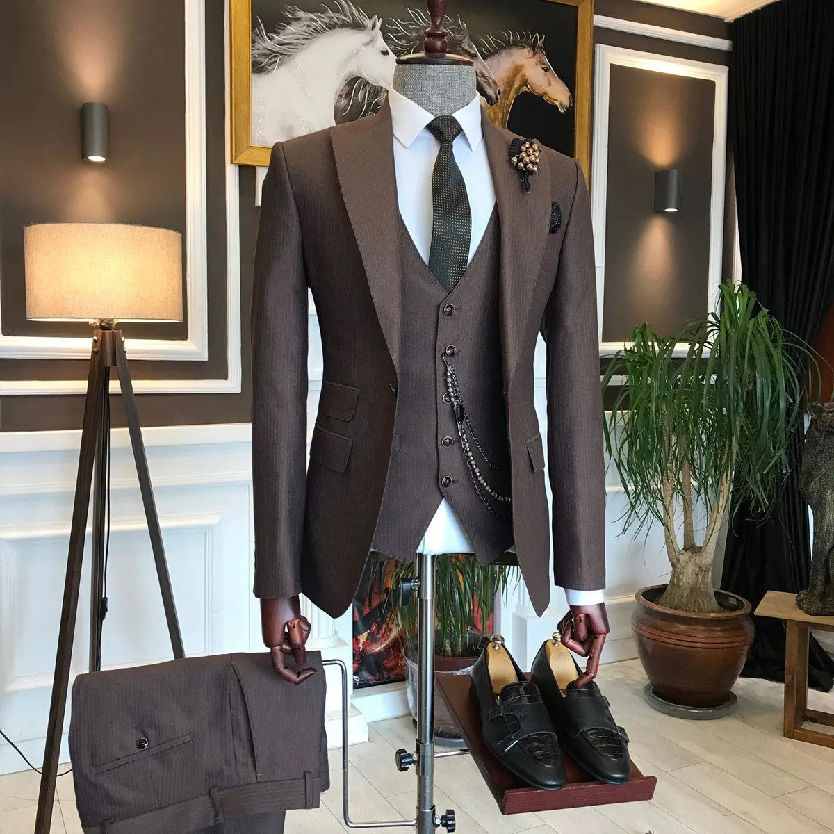 Bojoni Brown Striped Slim-Fit Suit 3-Piece