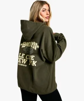 boohoo Womens Overdye Brooklyn Sportive Slogan Oversized Hoodie