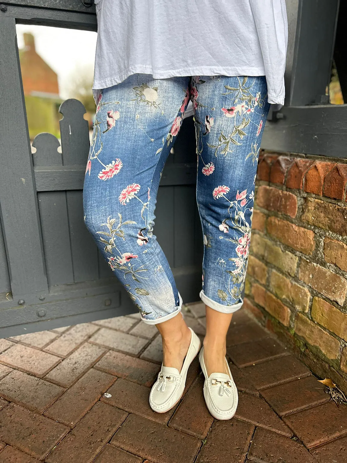 Dark Denim Printed Floral Joggers India