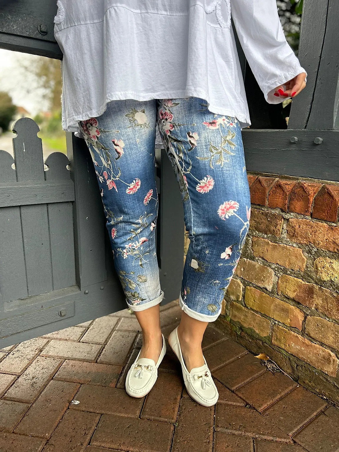 Dark Denim Printed Floral Joggers India