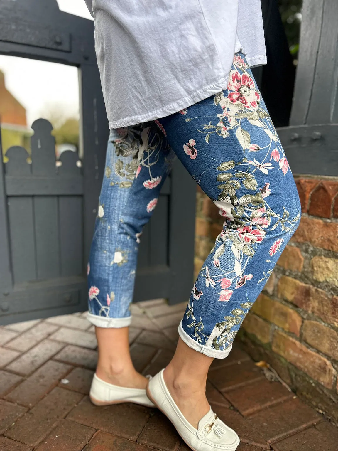 Dark Denim Printed Floral Joggers India