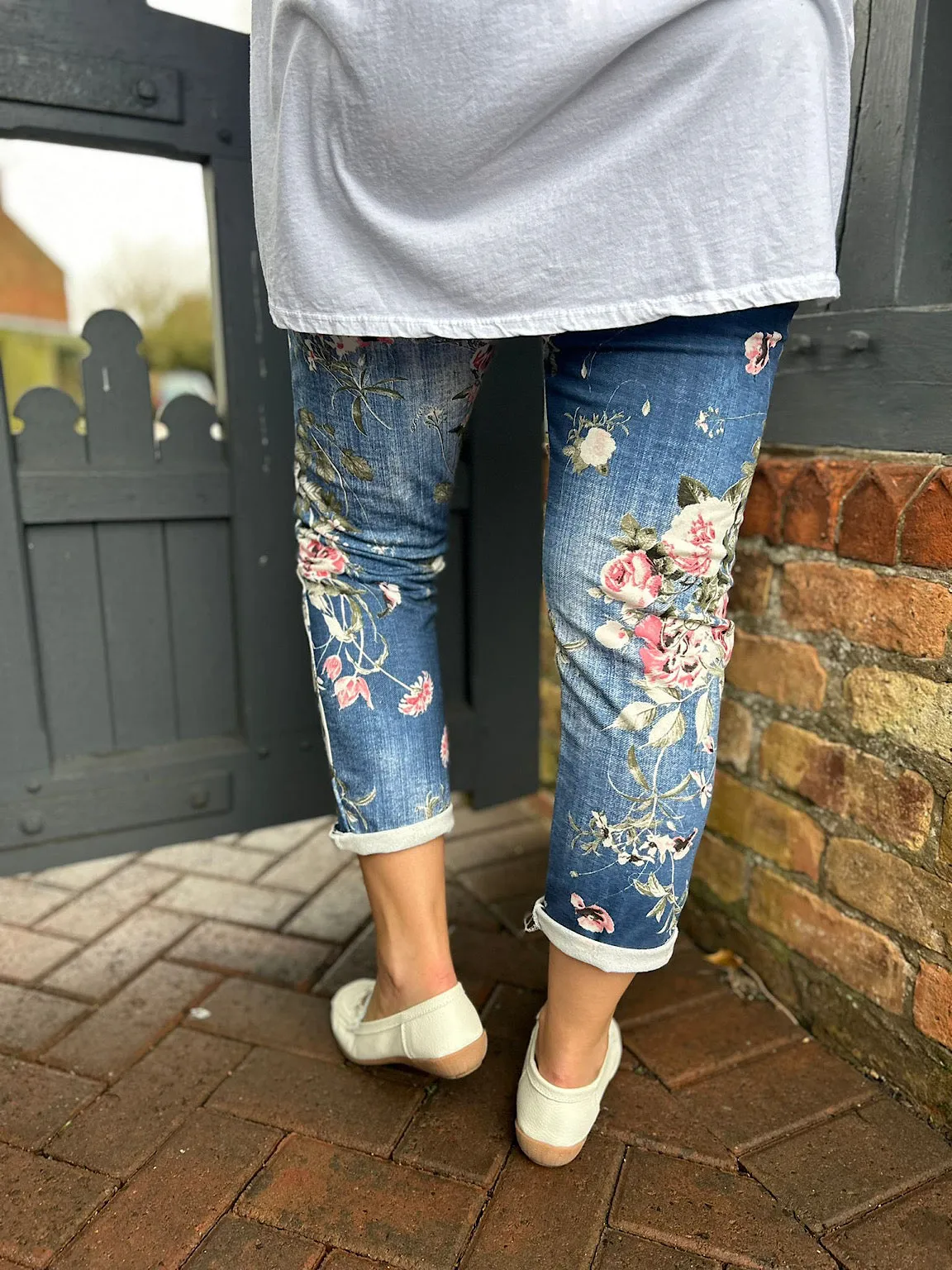 Dark Denim Printed Floral Joggers India