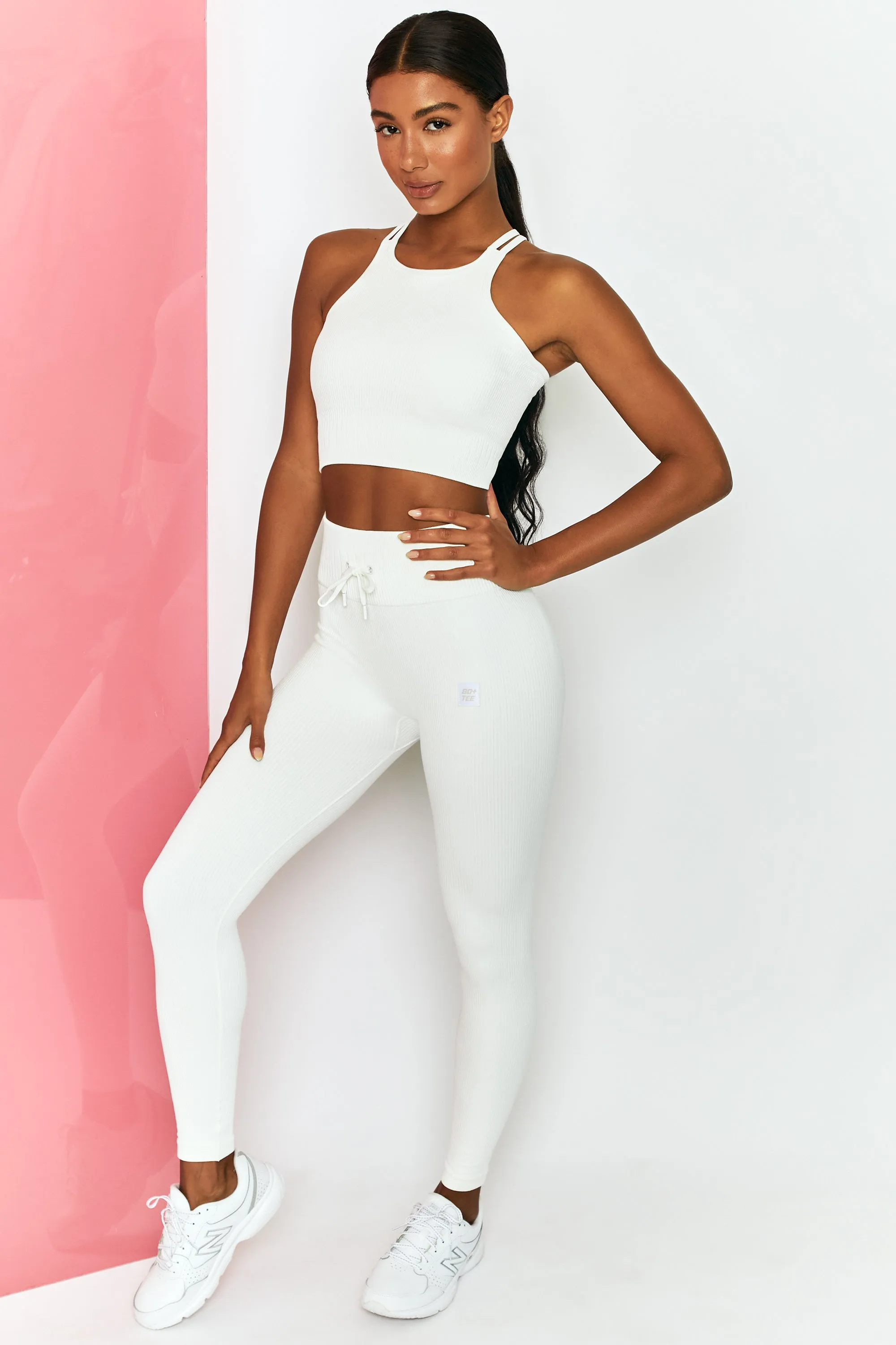 Energise Ribbed Tie Front Full Length Leggings in White