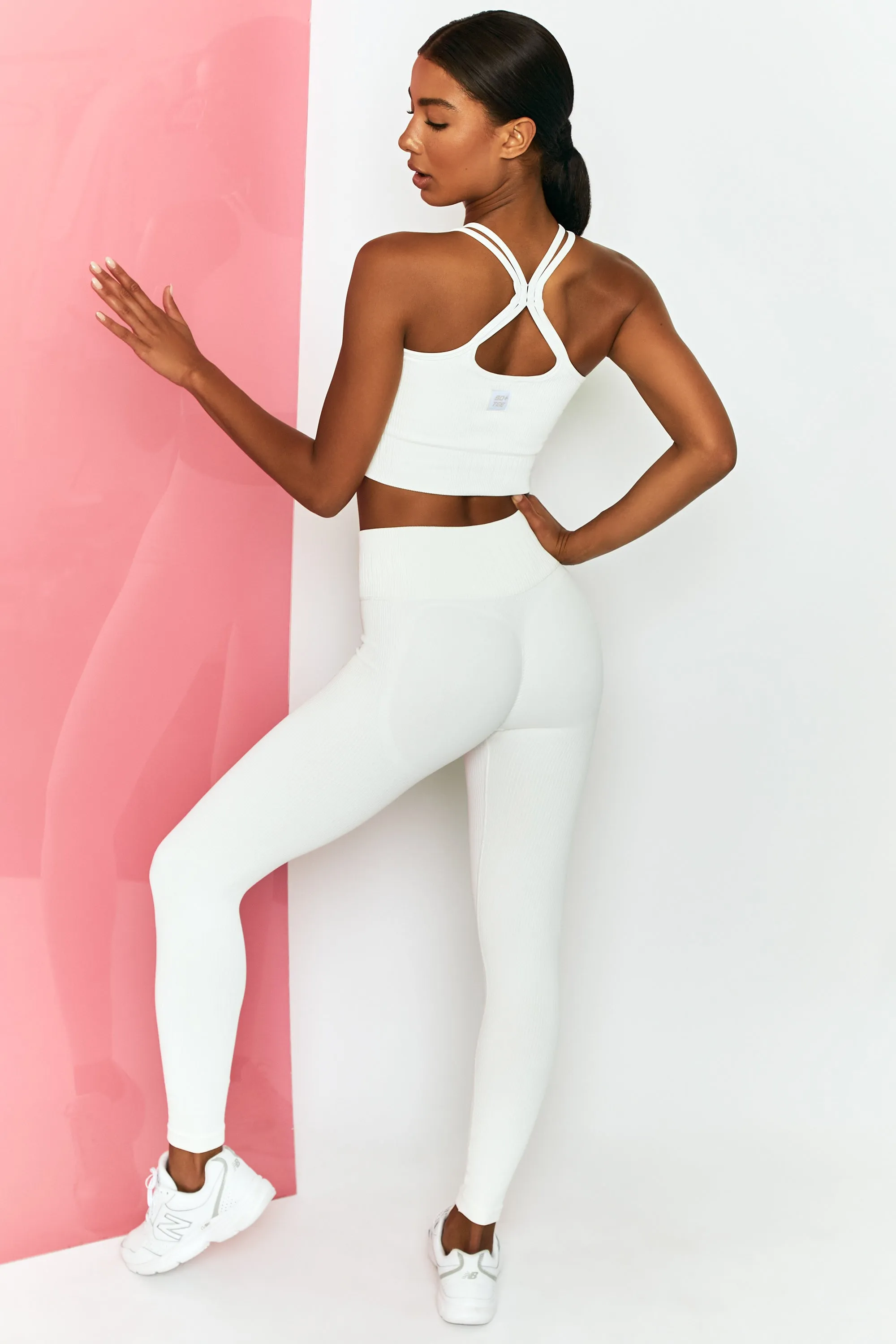 Energise Ribbed Tie Front Full Length Leggings in White