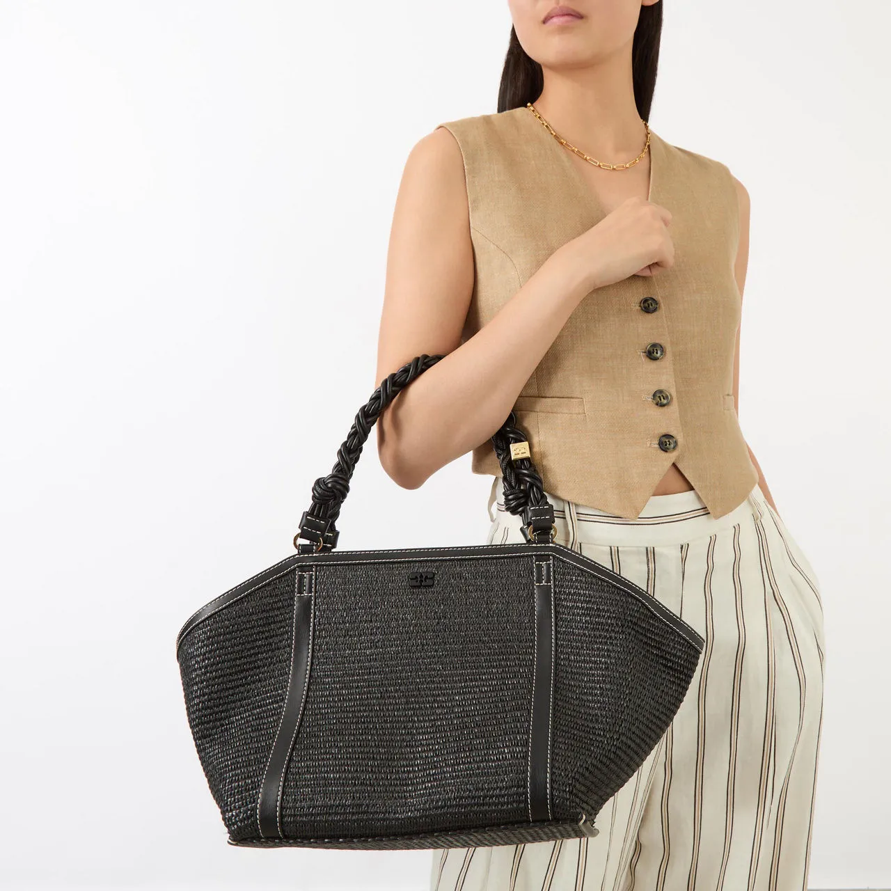 GANNI Bou Medium Raffia Tote Bag - Black