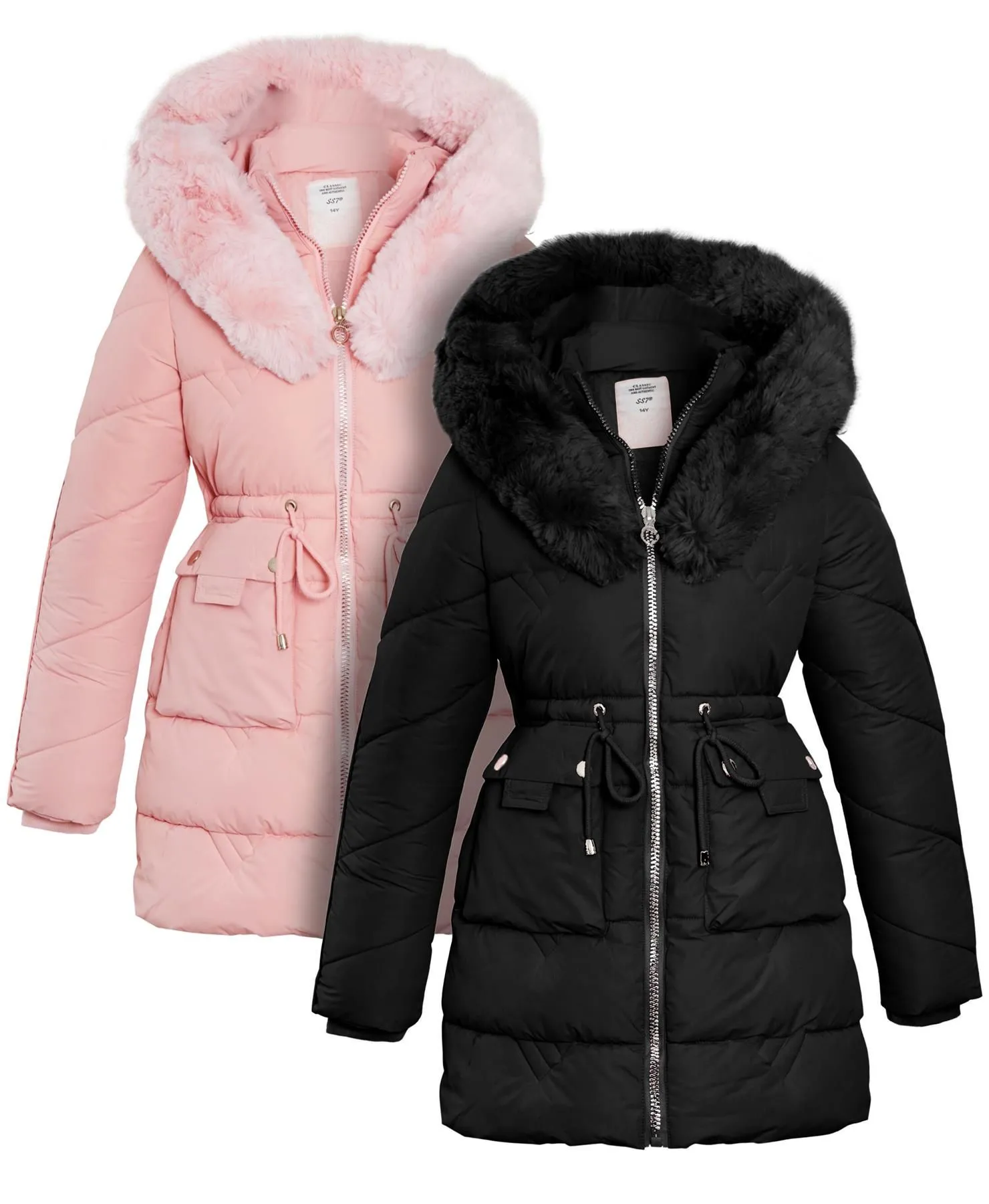 Girls Fleece Lined Faux Fur Mid Length Coat, Black, Pink, Ages 3 to 14 Years