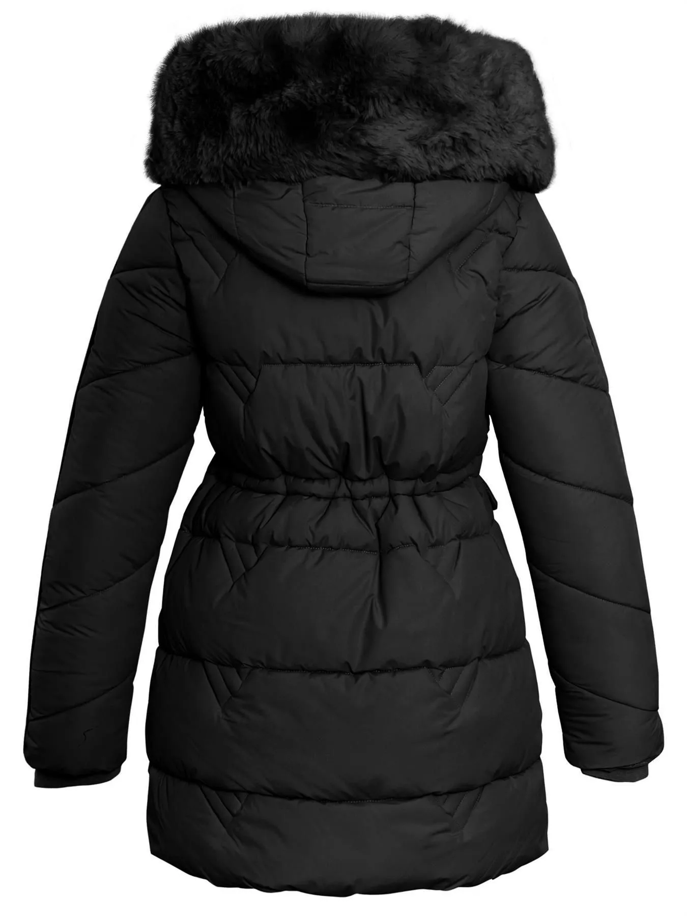 Girls Fleece Lined Faux Fur Mid Length Coat, Black, Pink, Ages 3 to 14 Years