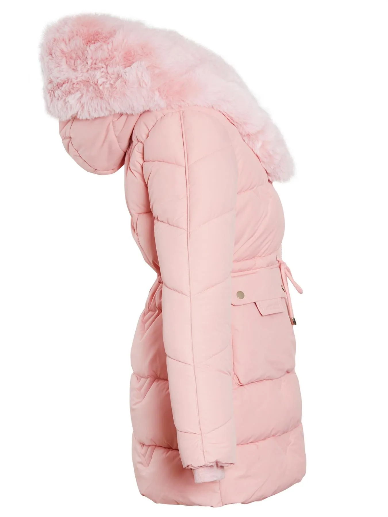 Girls Fleece Lined Faux Fur Mid Length Coat, Black, Pink, Ages 3 to 14 Years