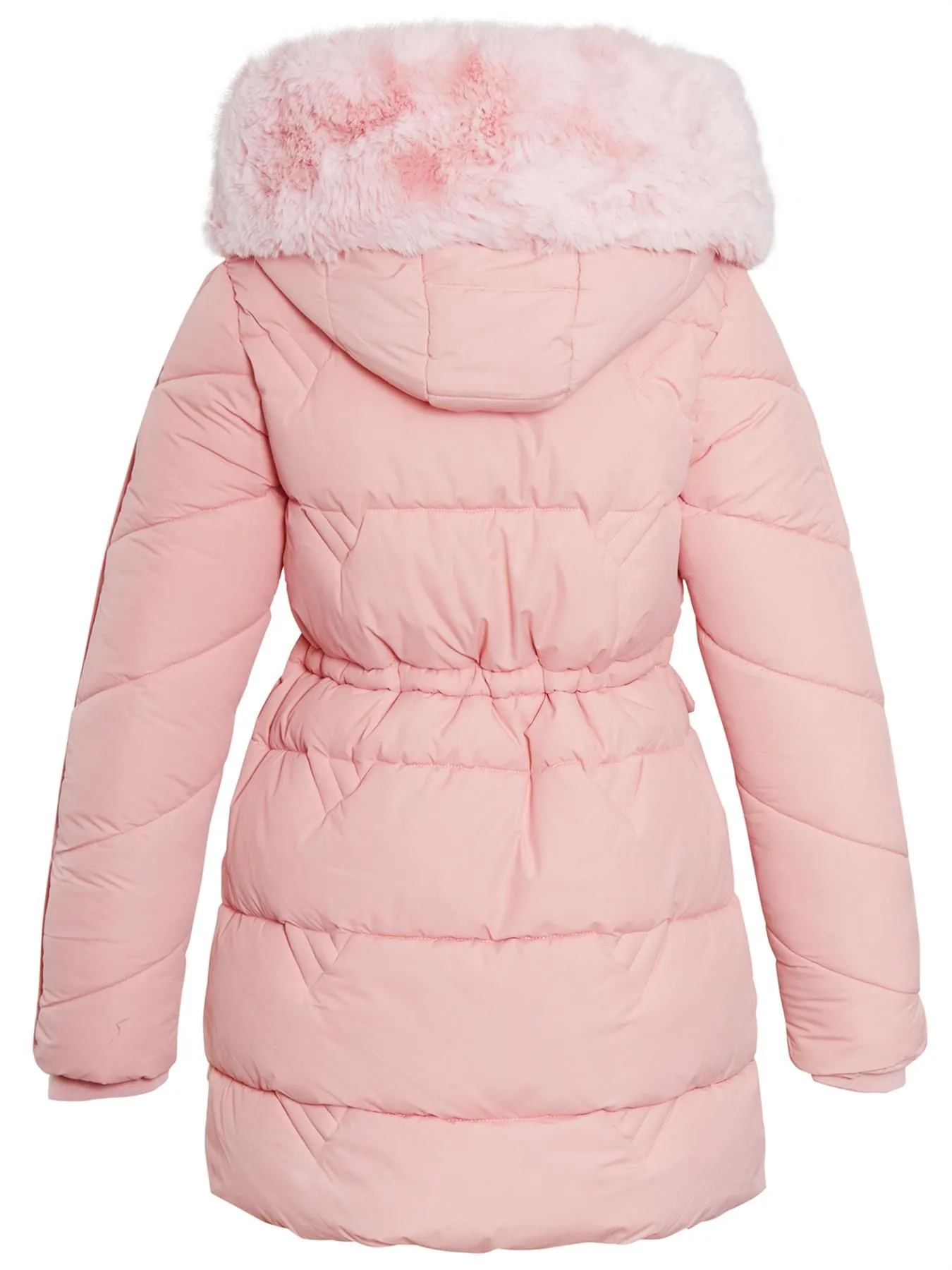 Girls Fleece Lined Faux Fur Mid Length Coat, Black, Pink, Ages 3 to 14 Years