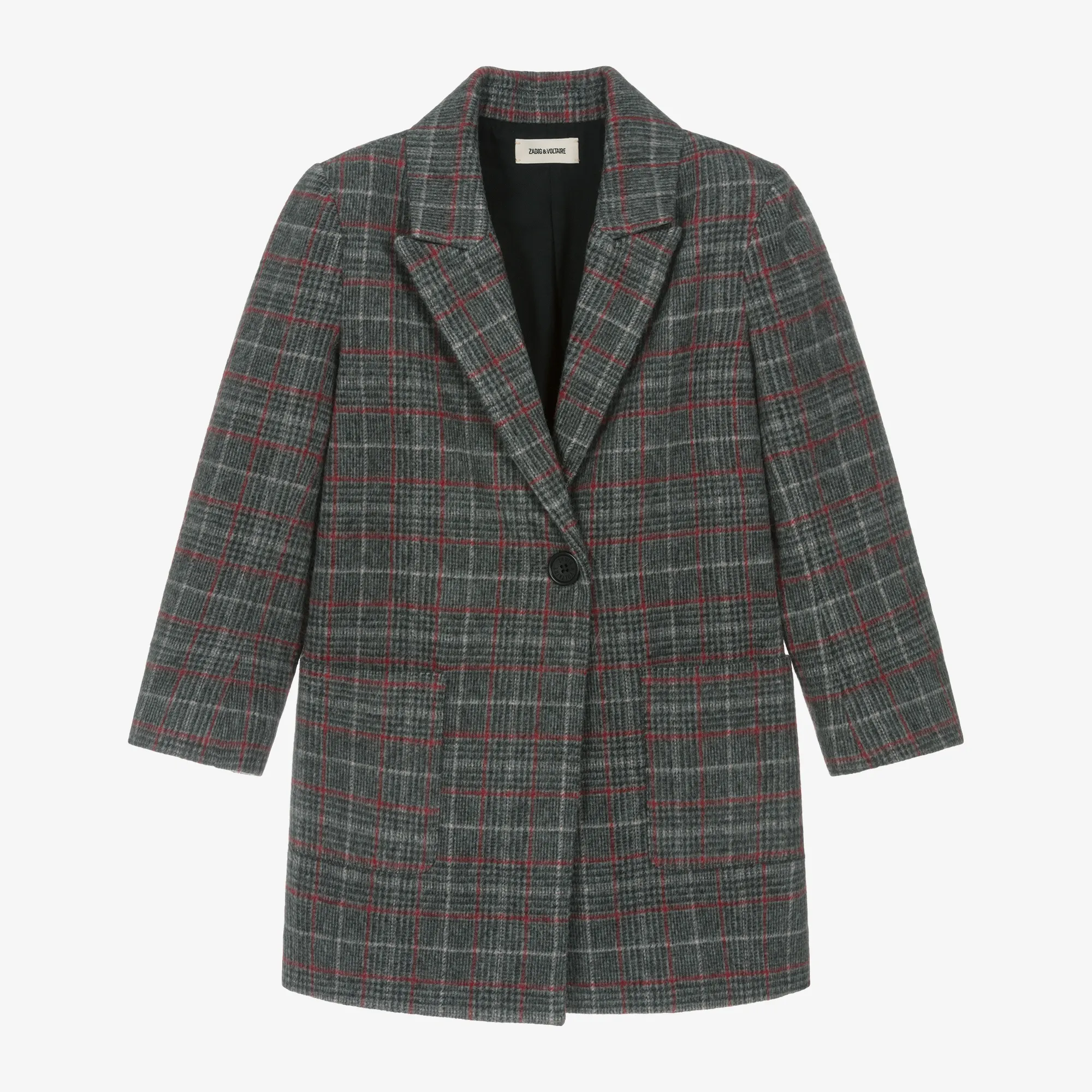 Girls Grey & Red Check Coat