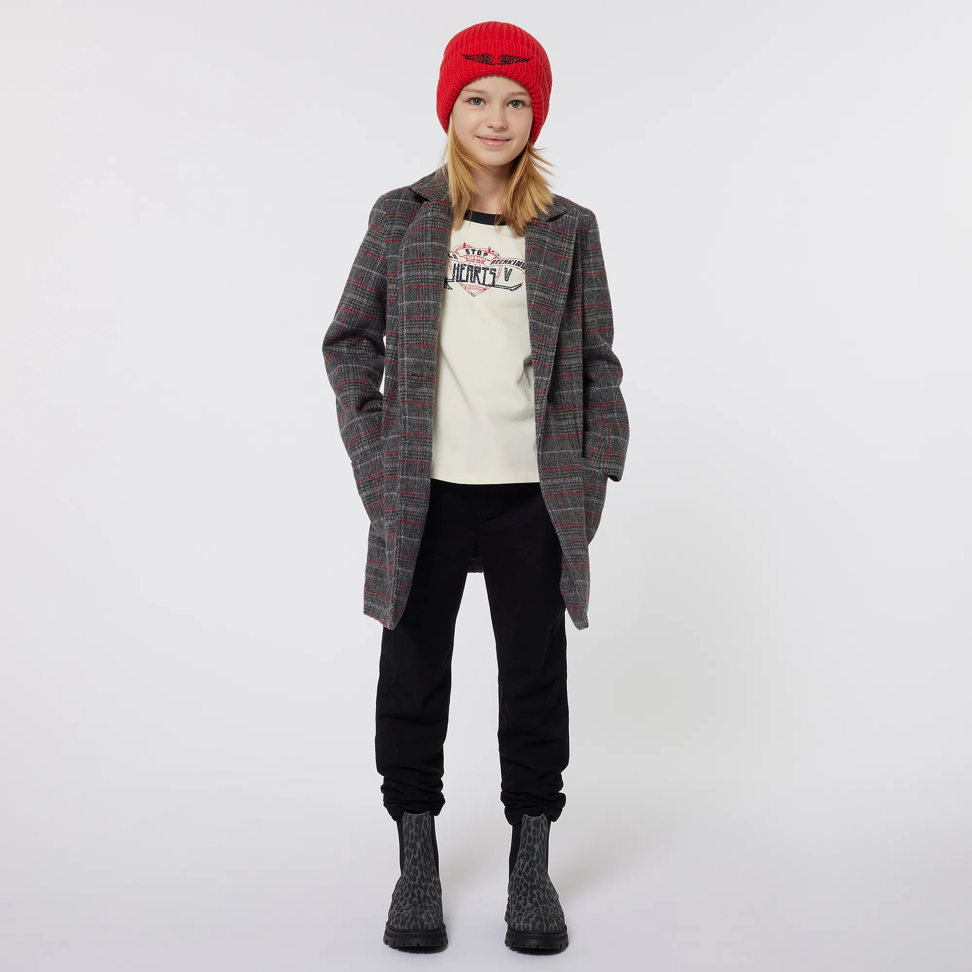 Girls Grey & Red Check Coat