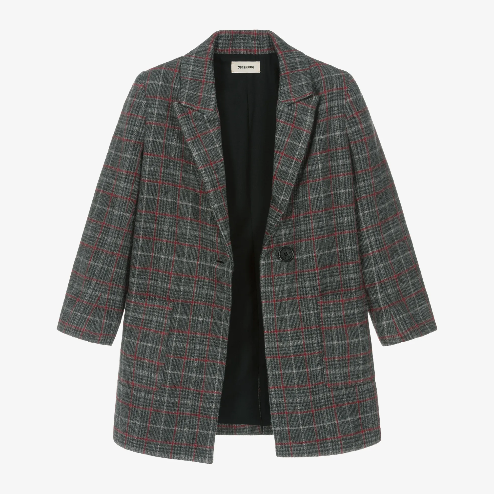 Girls Grey & Red Check Coat