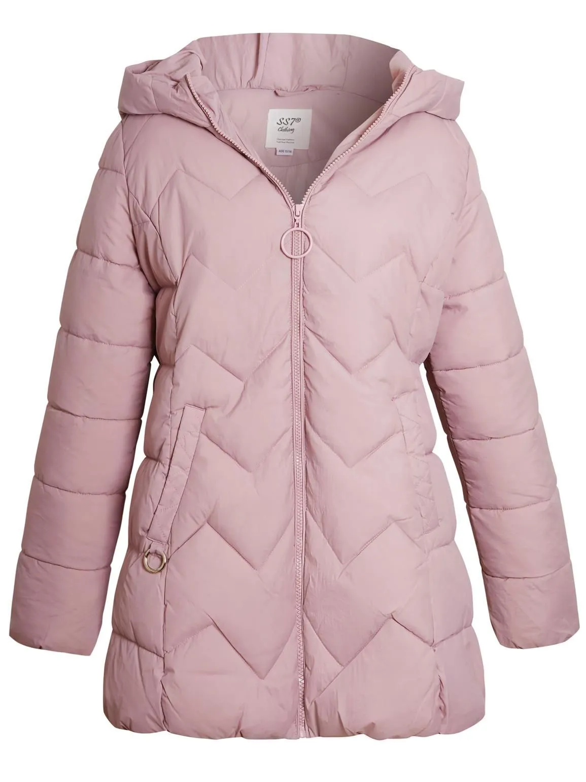 Girls Mid Length Puffer Coat, Black, Lilac, Pink, Ages 9 to 16 Years