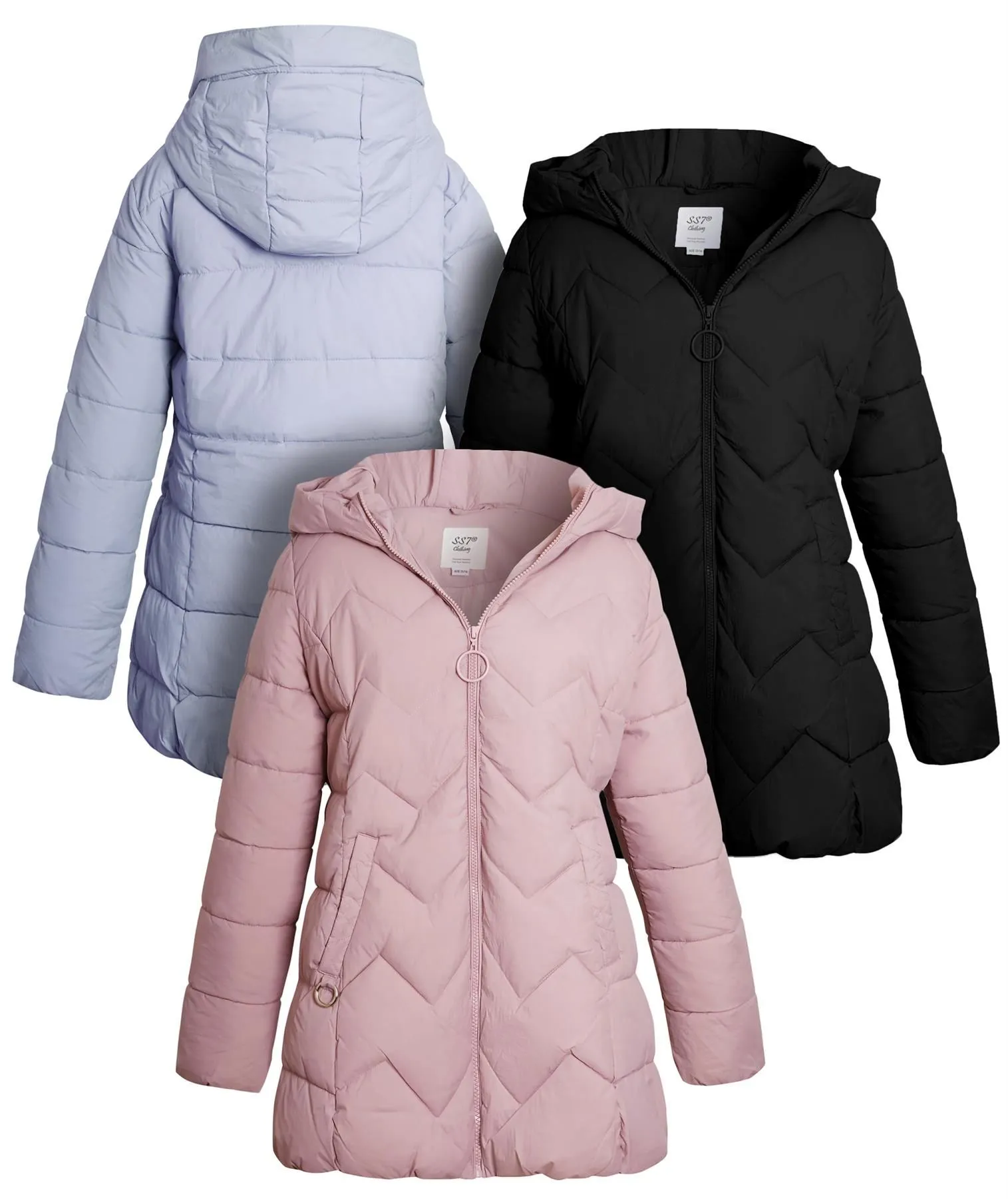 Girls Mid Length Puffer Coat, Black, Lilac, Pink, Ages 9 to 16 Years