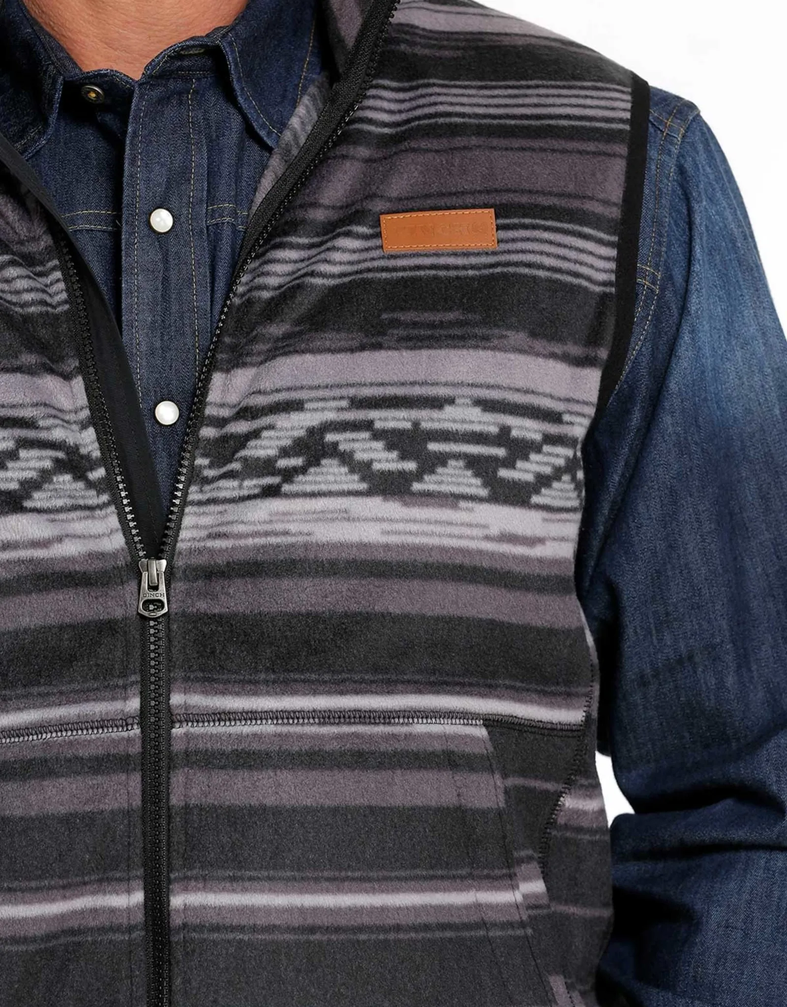 Mens Cinch Black Grey Aztec Polar Fleece Vest