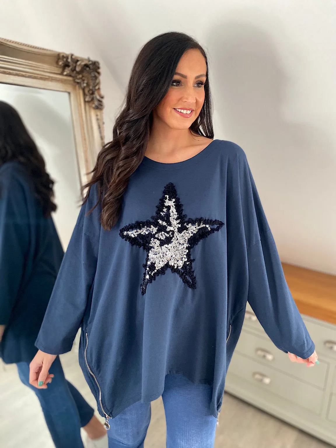 Navy Zip Detailed Star Sweat Top Sally