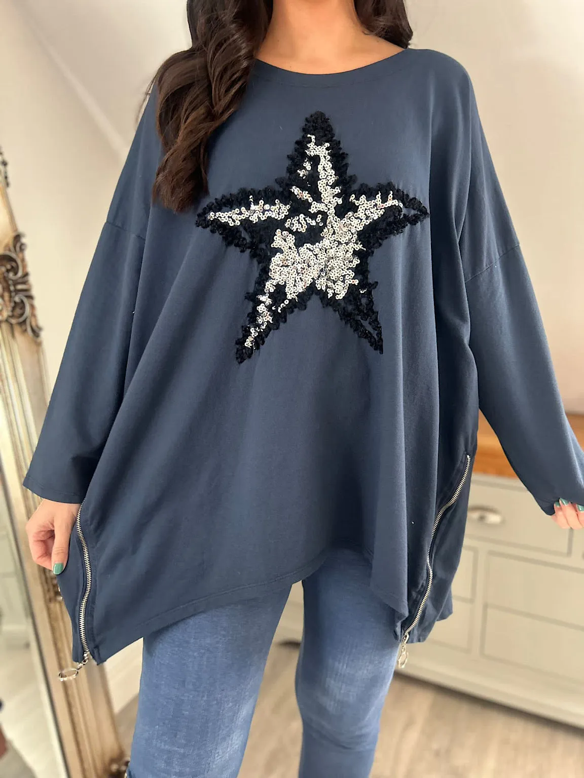 Navy Zip Detailed Star Sweat Top Sally