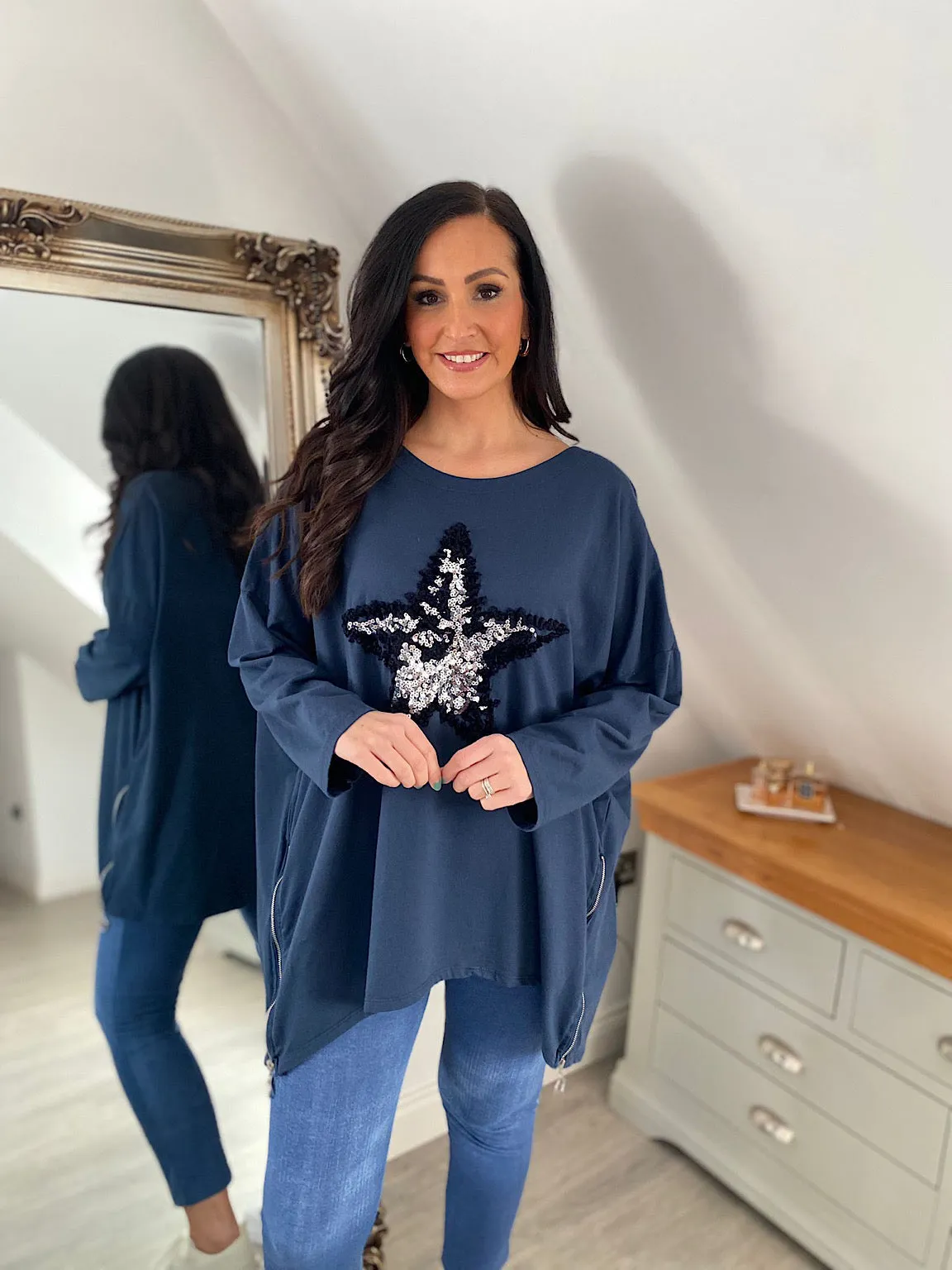 Navy Zip Detailed Star Sweat Top Sally