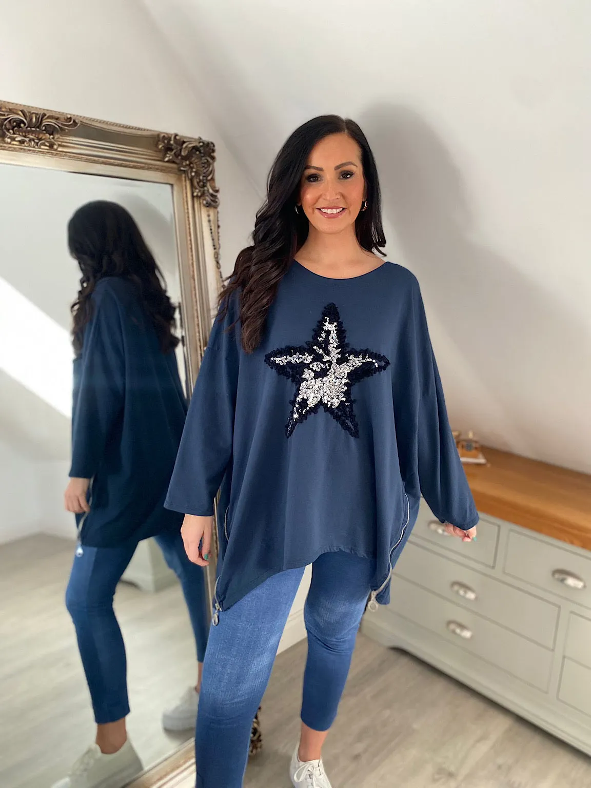 Navy Zip Detailed Star Sweat Top Sally