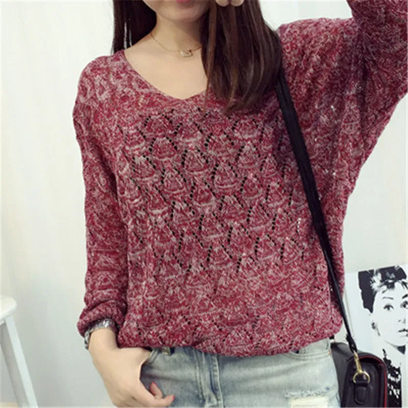 New Autumn Female Knitting Sweater Plus Size Hollow out Thin Knittedwear Long Sleeve V-neck Pullovers 71306 SM6