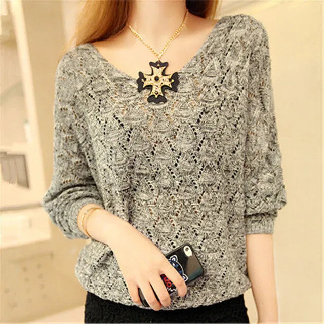 New Autumn Female Knitting Sweater Plus Size Hollow out Thin Knittedwear Long Sleeve V-neck Pullovers 71306 SM6