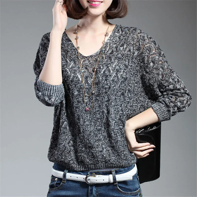 New Autumn Female Knitting Sweater Plus Size Hollow out Thin Knittedwear Long Sleeve V-neck Pullovers 71306 SM6