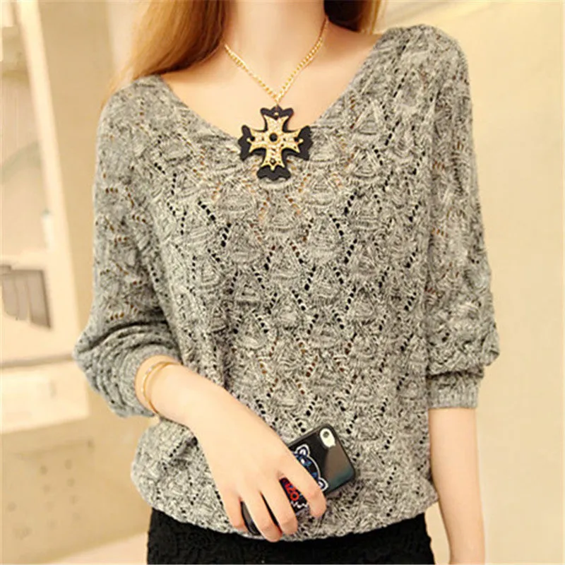 New Autumn Female Knitting Sweater Plus Size Hollow out Thin Knittedwear Long Sleeve V-neck Pullovers 71306 SM6