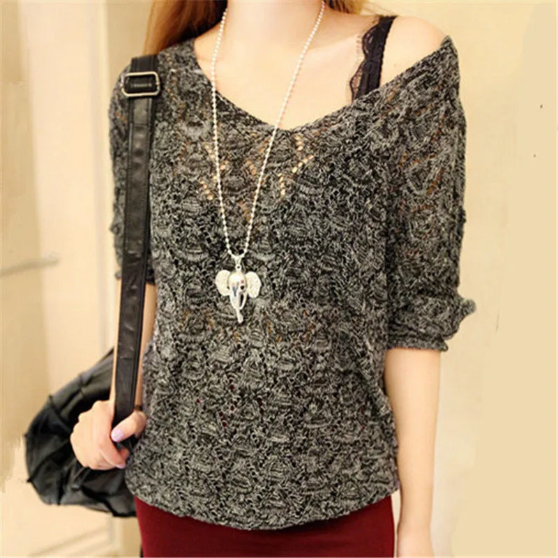 New Autumn Female Knitting Sweater Plus Size Hollow out Thin Knittedwear Long Sleeve V-neck Pullovers 71306 SM6