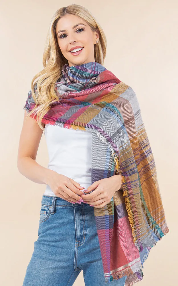 OA98B1 PLAID PATTERN OVERSIZED OBLONG SCARF