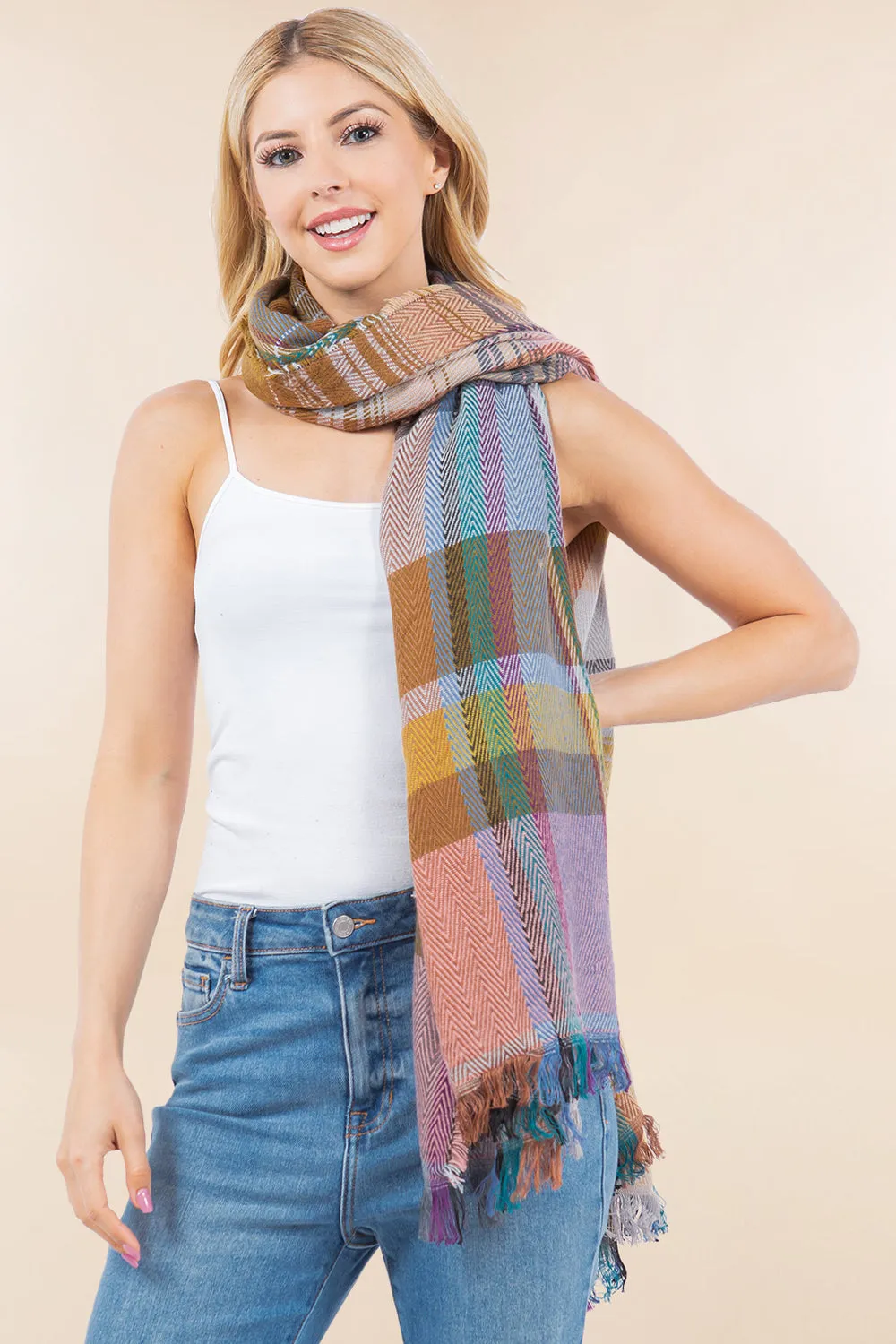 OA98B1 PLAID PATTERN OVERSIZED OBLONG SCARF