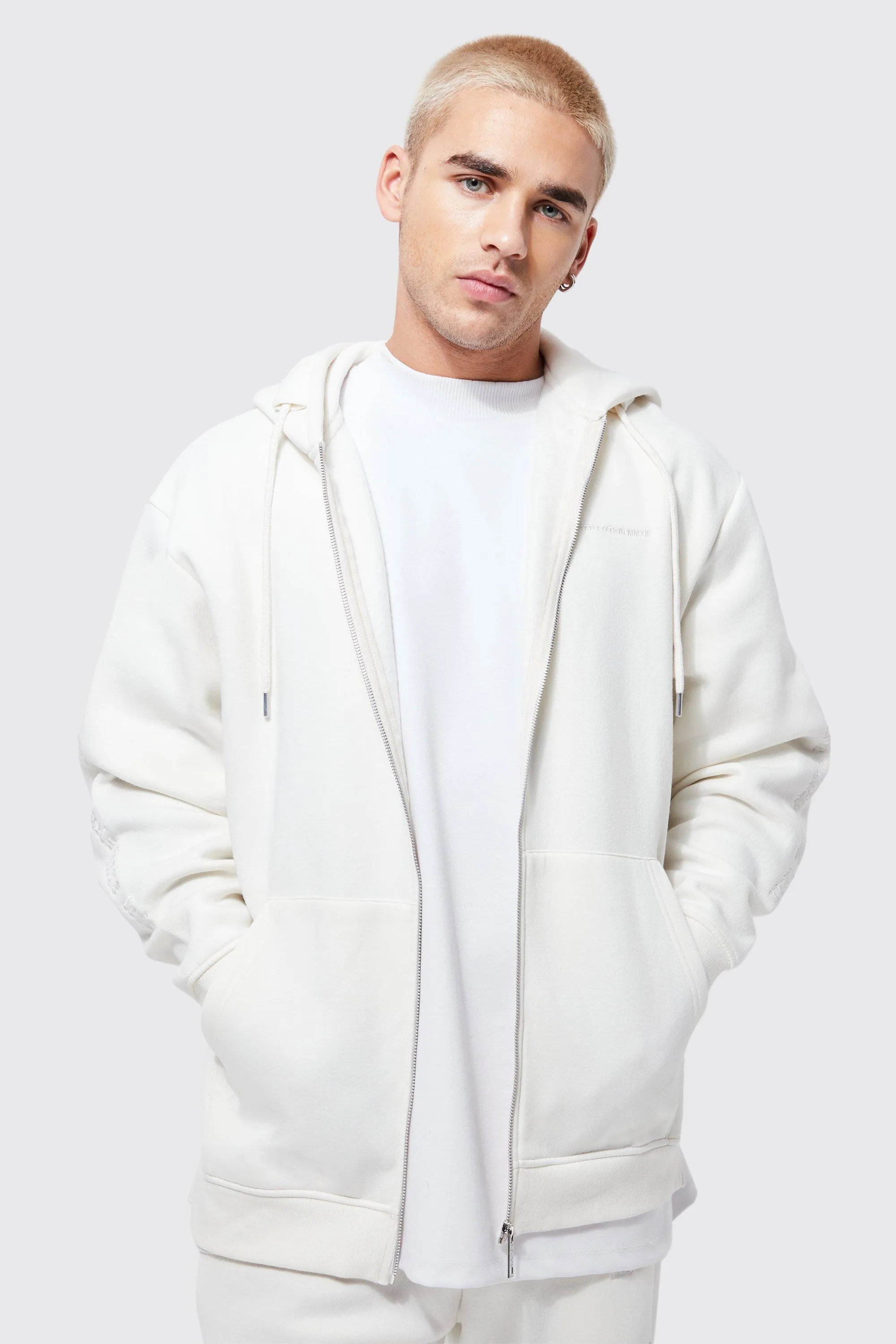 Oversized Embroidered Split Hem Hoodie | boohooMAN UK