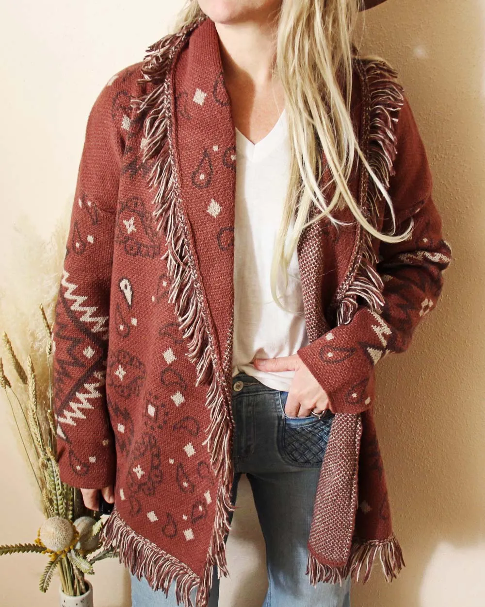 Paisley Blanket Sweater in Red Rocks