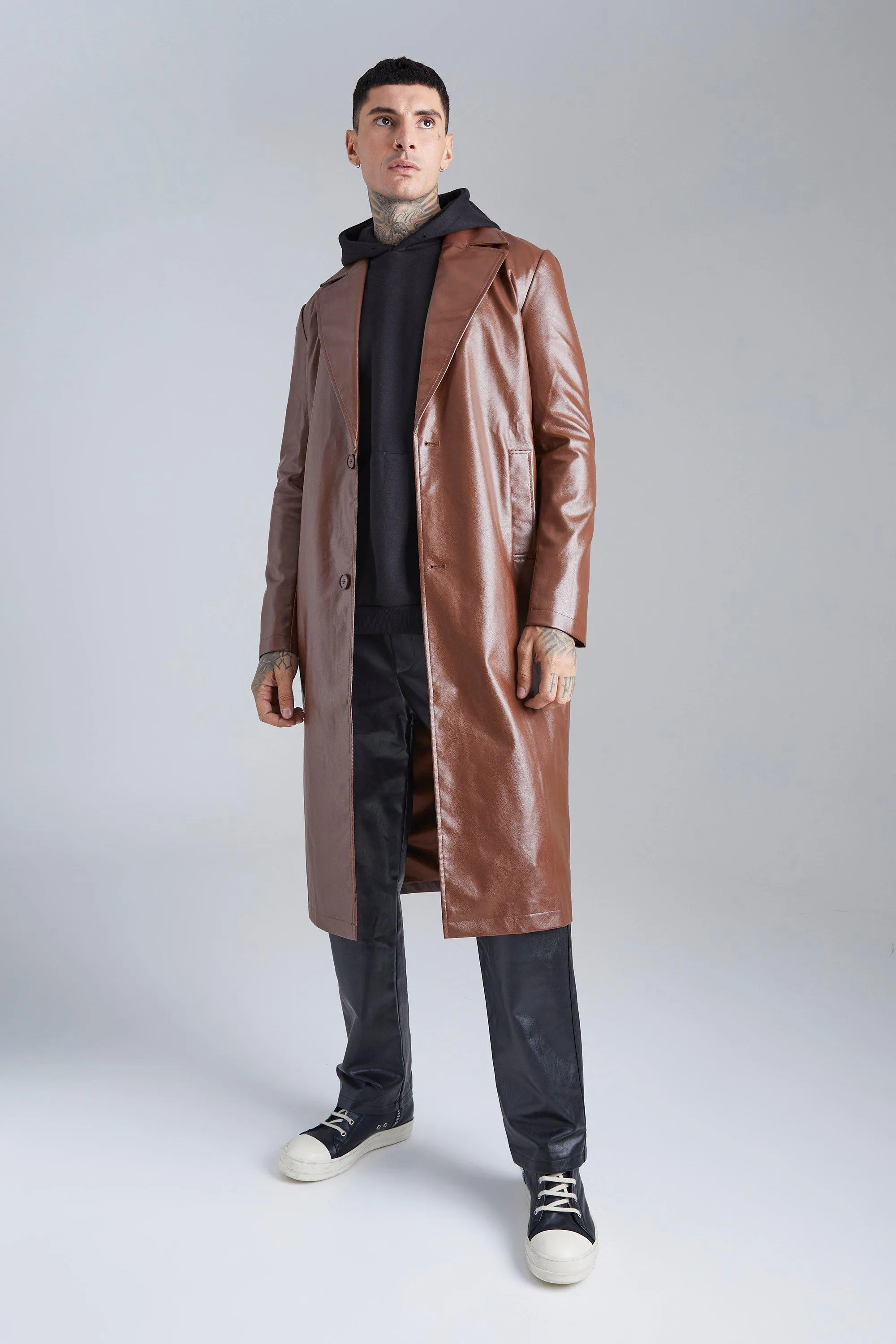 Pu Trench Coat | boohooMAN UK