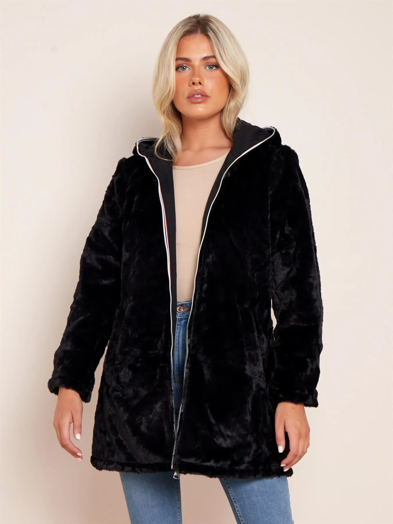 Reversible Faux Fur Shower Resistant Coat, Black, UK Sizes 10 to 18