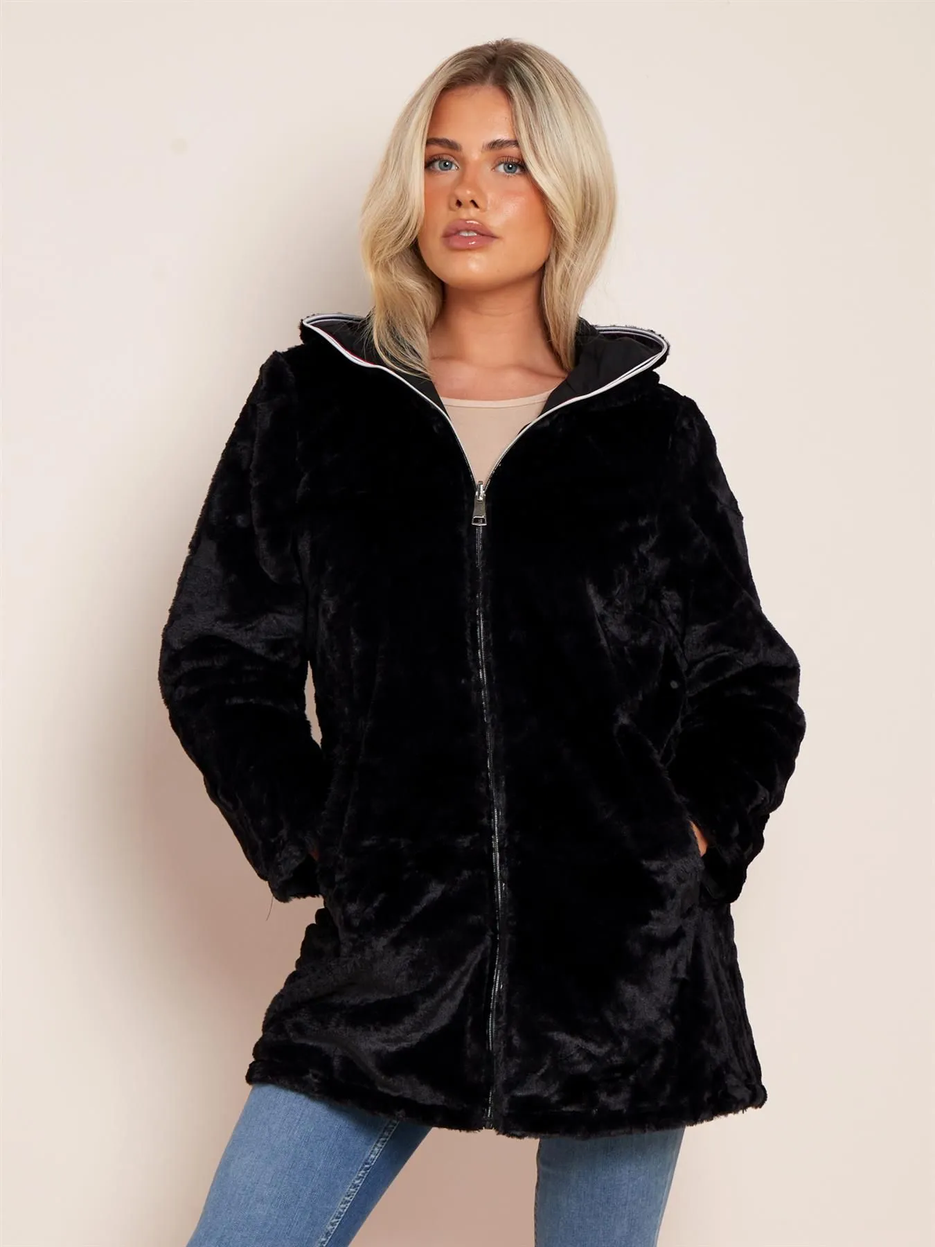 Reversible Faux Fur Shower Resistant Coat, Black, UK Sizes 10 to 18