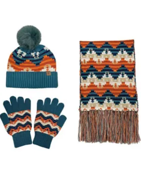 Rock & Roll Denim Teal Rust Scarf Gloves and Pom Beanie Set