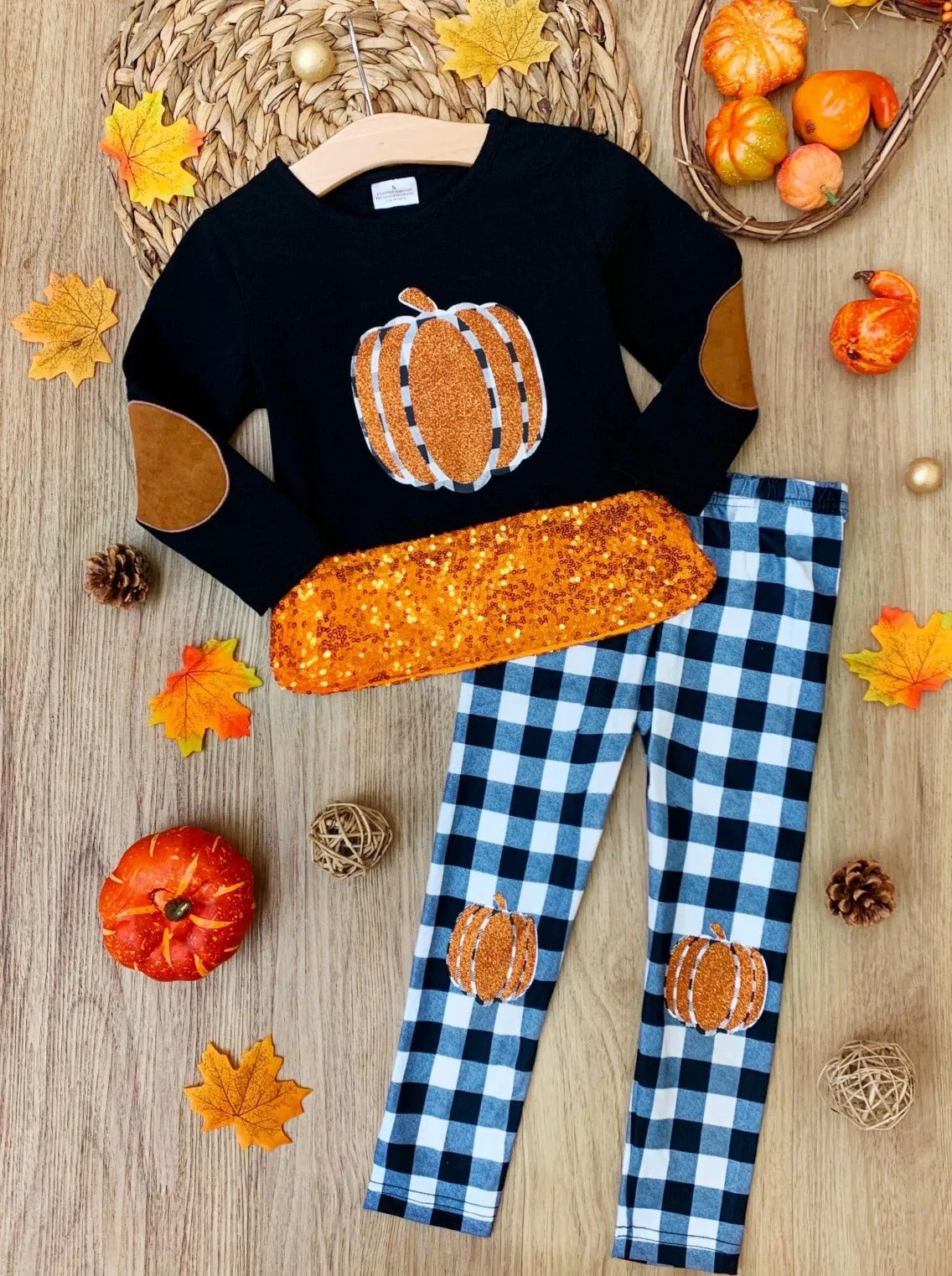 Sparkle Pumpkin Patch Tunic and Patched Plaid Legging Set