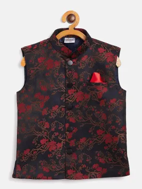 Vastramay Boys Maroon And Black Jacquard Nehru Jacket