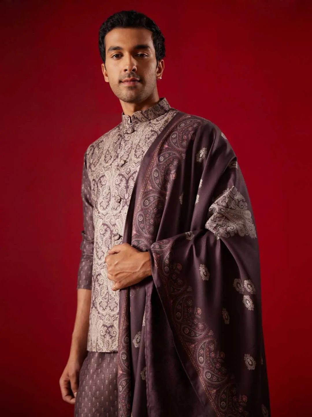 Vastramay Men's Wine Jacquard Silk Blend Ethnic Jacket Kurta Pant And Dupatta Set