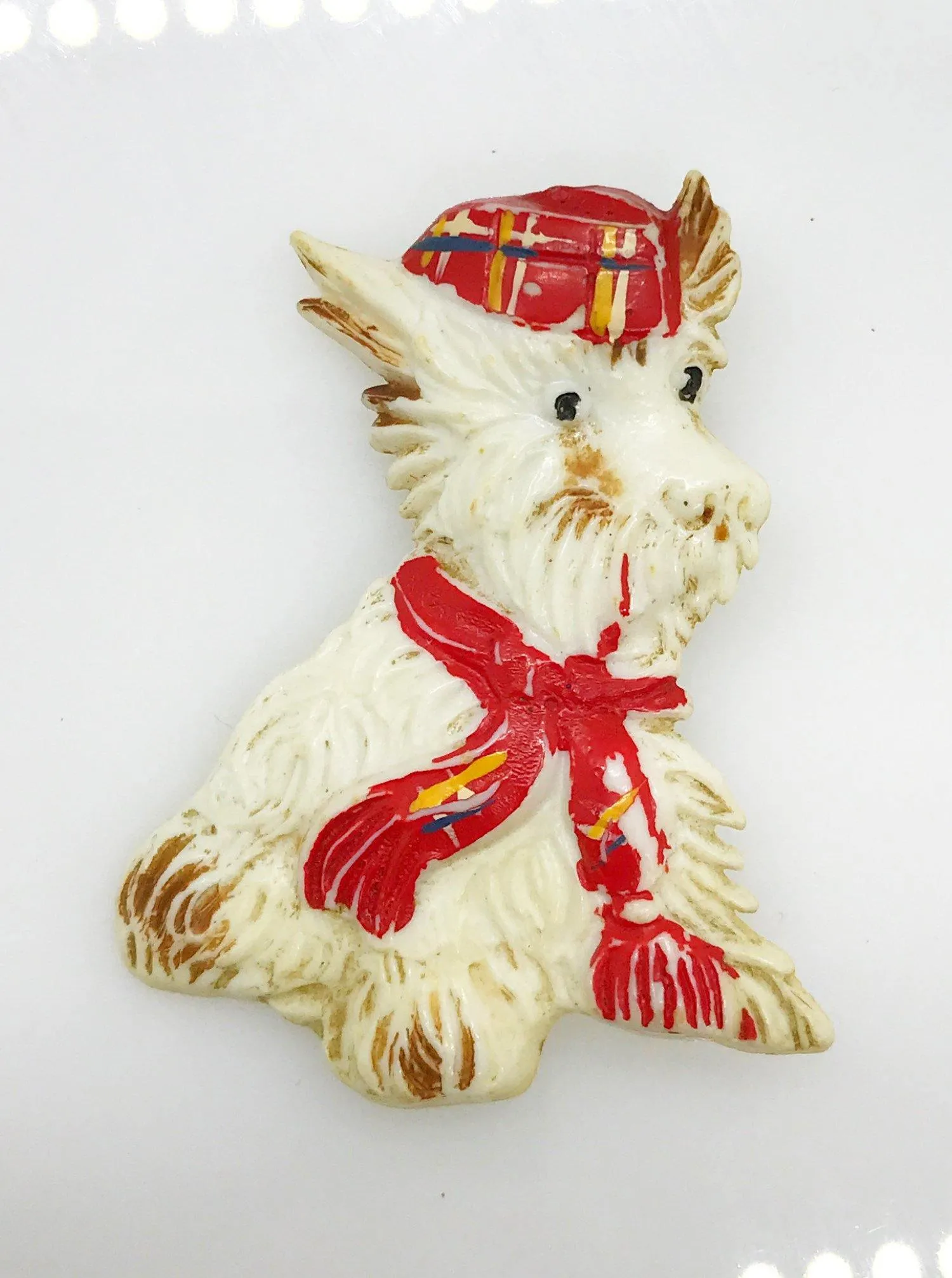 Vintage White Scottish Terrier Plastic Brooch, Plaid Scarf and Cap